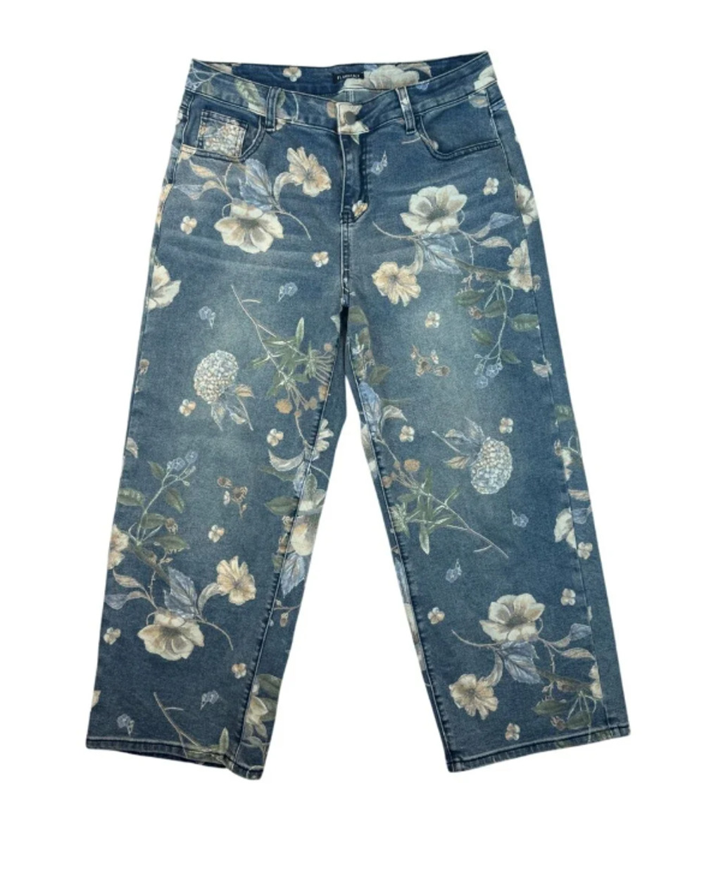 Flamingals Blue Botanical Floral High Rise Stretch Jeans XL NWT Garden Romantic
